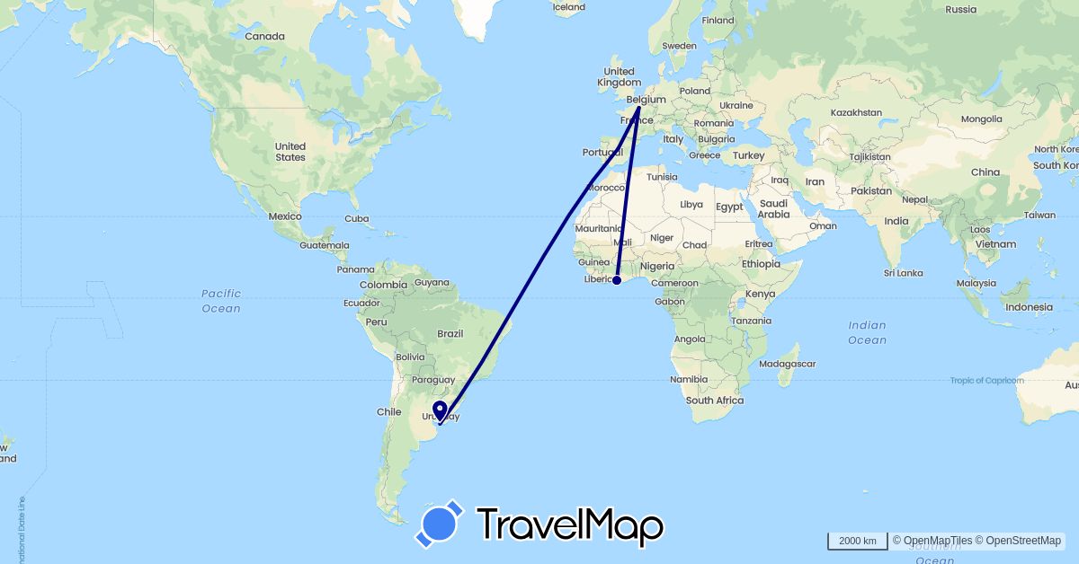 TravelMap itinerary: driving in Côte d'Ivoire, Spain, France, Uruguay (Africa, Europe, South America)